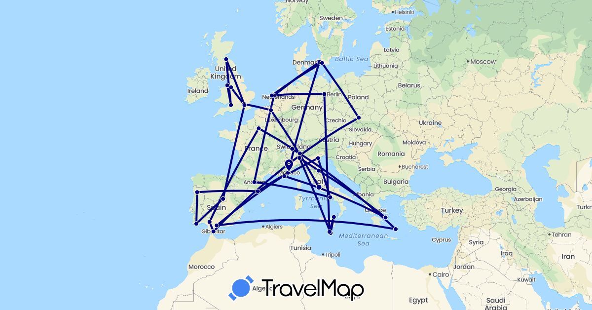 TravelMap itinerary: driving in Andorra, Belgium, Switzerland, Germany, Denmark, Spain, France, United Kingdom, Gibraltar, Greece, Italy, Monaco, Malta, Netherlands, Poland, Portugal, Sweden, San Marino (Europe)